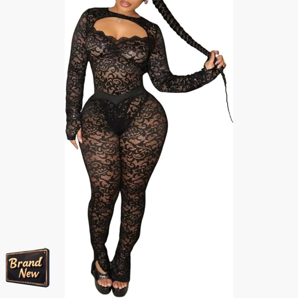 Sexy Lace Jumpsuit Halter Backless Bodysuit Flare Pants 2 Piece Set